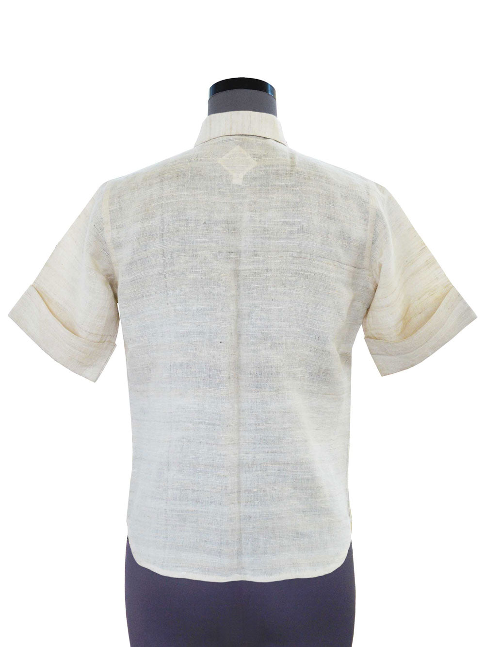 Back view of Handwoven Silk shirt with contrast tab collar designed by Khumanthem Atelier