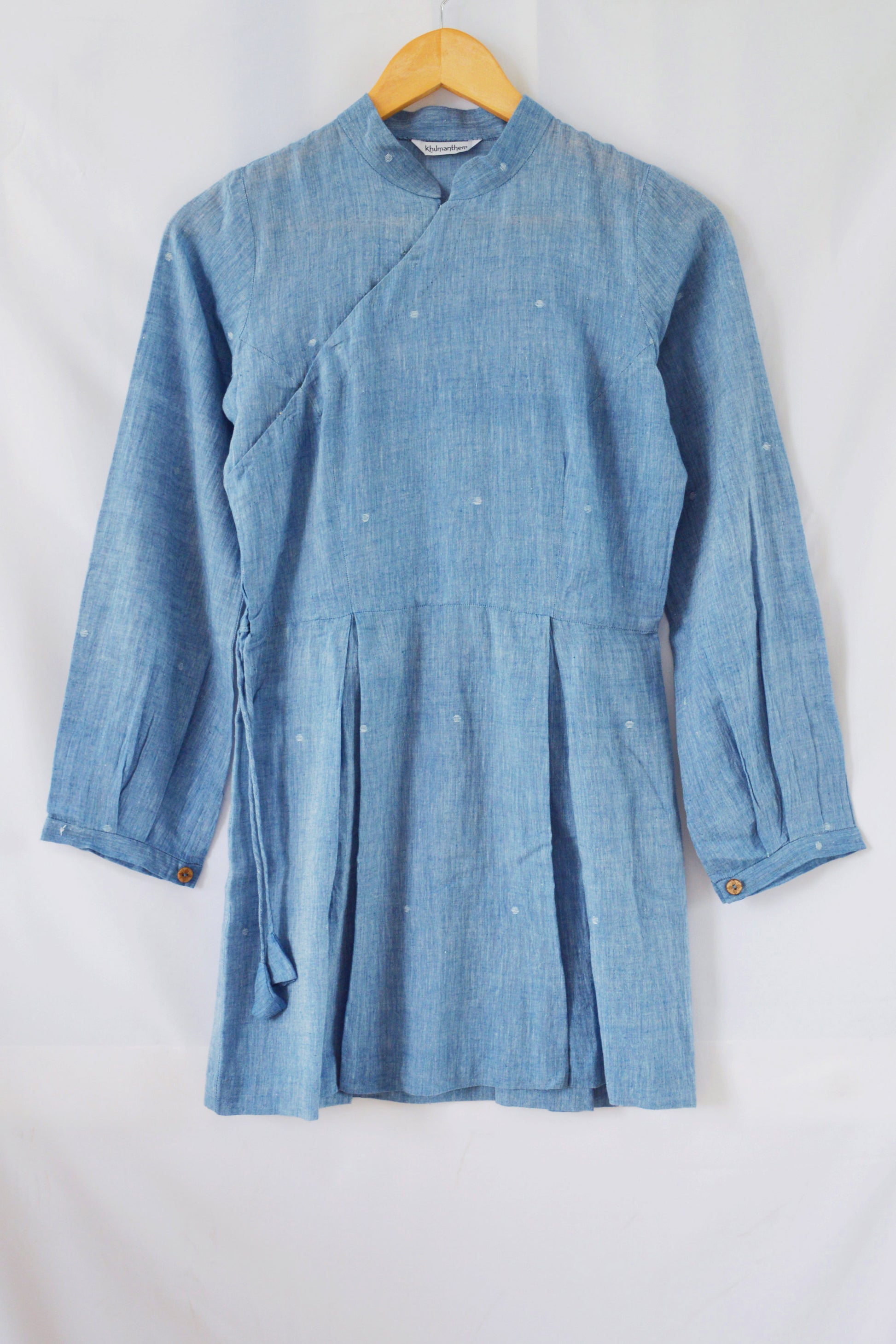 Hanger shoot Handwoven Cheongsam pleated cotton top, designed by Khumanthem Atelier, front view