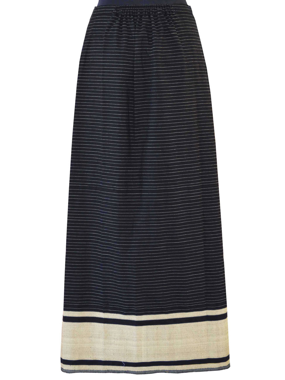 Back view of Front view of Handwoven Pinstripe wrap-around skirt inspired by traditional Meitei attire designed by Khumanthem Atelier