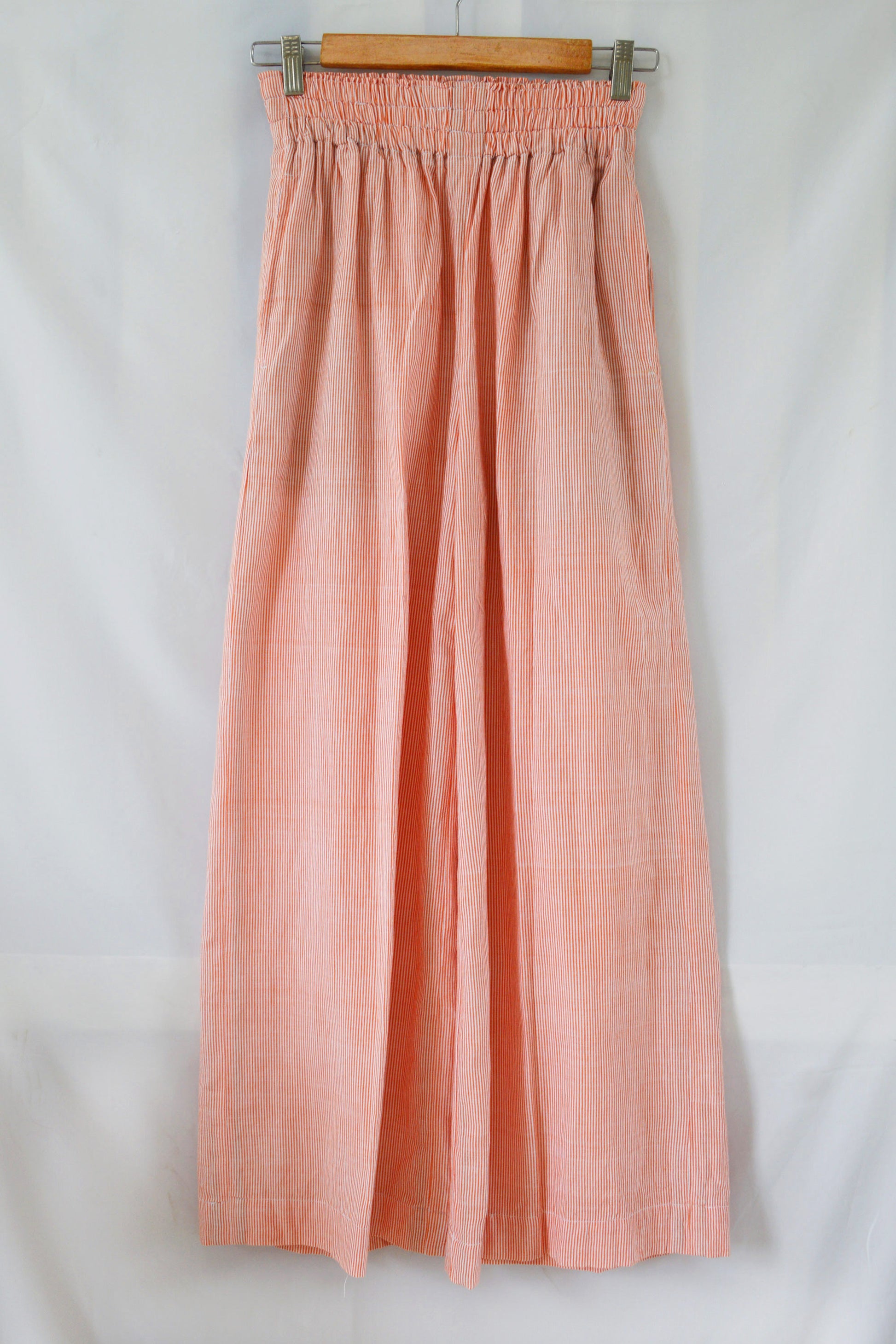 Front view hanger shoot Handwoven Cotton Striped culotte pants with side pockets, designed by Khumanthem