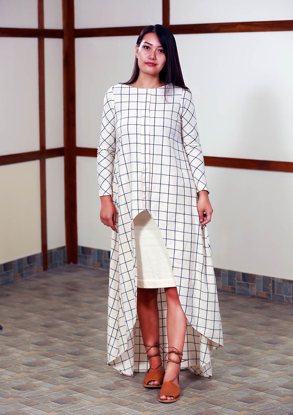 Handwoven high low checked tunic dress, full sleeves designed by Khumanthem Atelier
