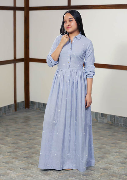 Handwoven cotton long maxi dress full sleeves with cuff, designed by Khumanthem Atelier