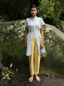 Model wearing Handwoven Collared Gathered Cotton Top, designed by Khumanthem Atelier