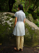 Load image into Gallery viewer, Model wearing Handwoven Collared Gathered Cotton Top, designed by Khumanthem Atelier, back view