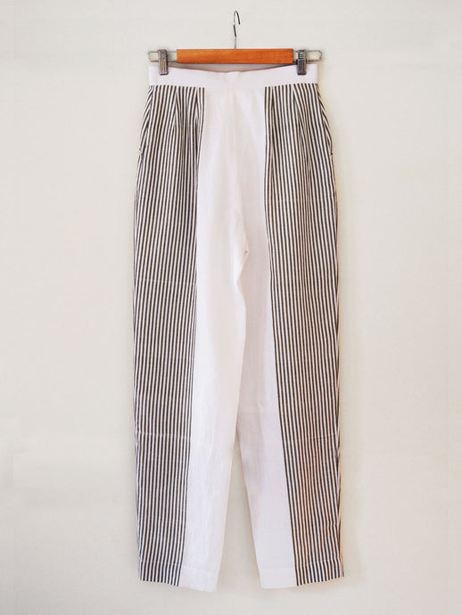 Hand woven Straight Pants with white and olive stripes, 100% cotton, designed by Khumanthem Atelier