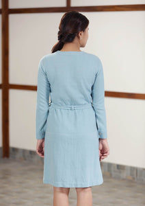Back view of handwoven cotton denim blue Twill Weave Dress full sleeves knee length, designed by Khumanthem Atelier