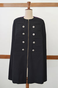 Close front view of Handwoven Military Style Cape coat, designed by Khumanthem Atelier