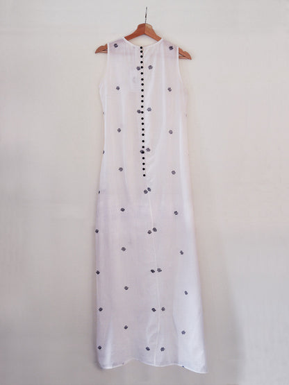 Front view of Handwoven sheer tunic dress with Hand embroidered details designed by Khumanthem Atelier