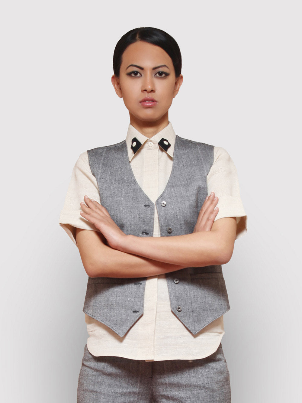 Handwoven Silk shirt with contrast tab collar designed by Khumanthem Atelier