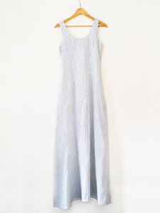 Handwoven white Checked flared maxi dress, designed by Khumanthem Atelier