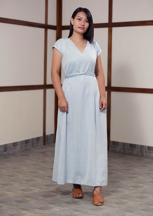 Front view of Handwoven cotton Reversible twill-weave kaftan dress with belt, designed by Khumanthem Atelier