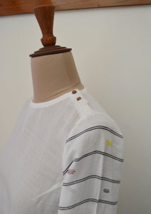 Close up view of the design pattern of Handwoven cotton full sleeves top with extra weft designed by Khumanthem Atelier