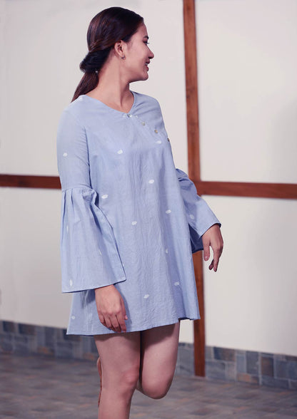 Handmade cotton tunic with patch work bell sleeves full length, designed by Khumanthem Atelier 
