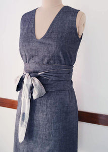 close up front view of Handwoven Obi belt wrap dress for women, designed by Khumanthem Atelier