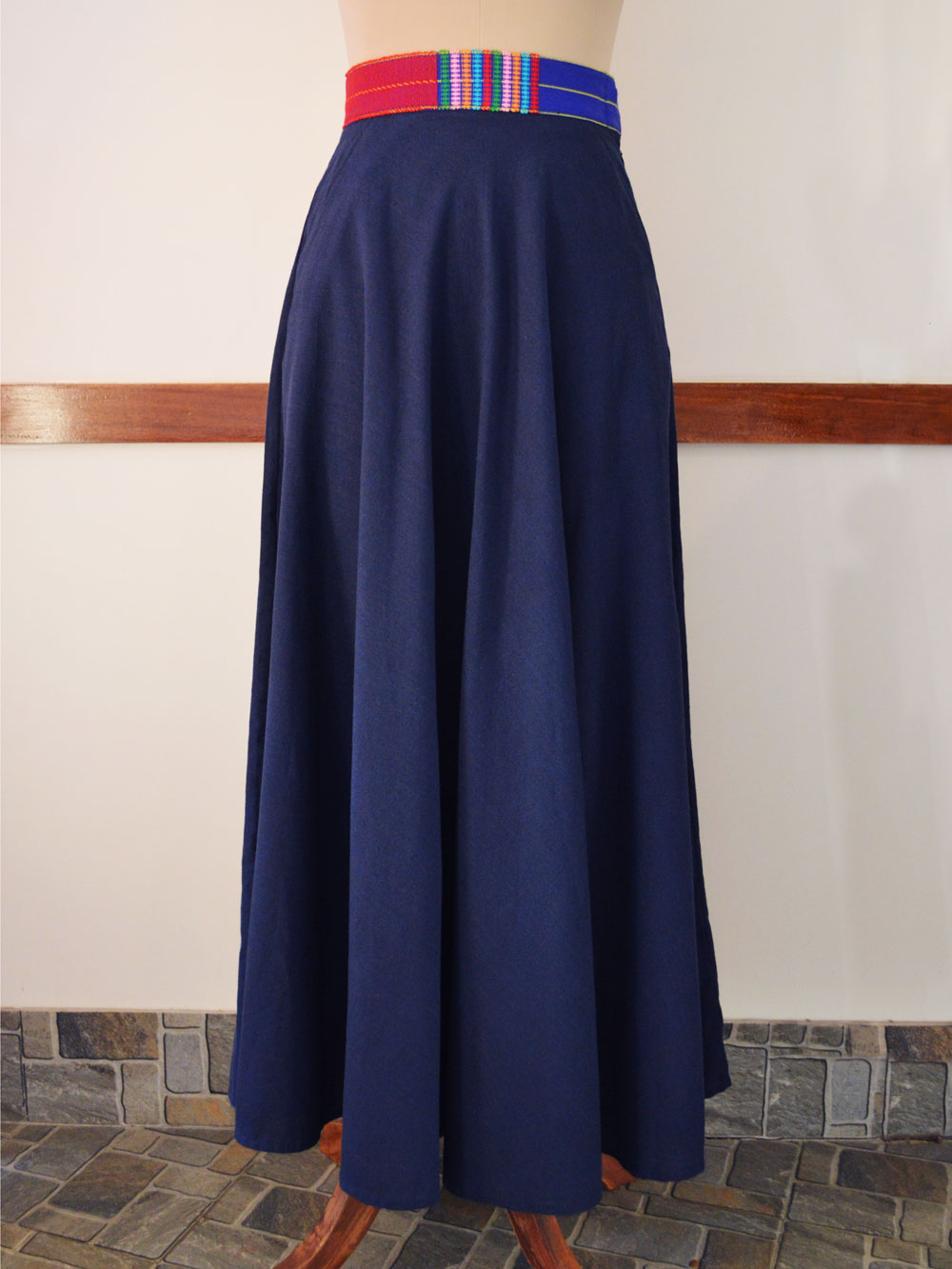full front view of the handwoven Maxi skirt with bold extra weft design belt, designed by Khumanthem Atelier