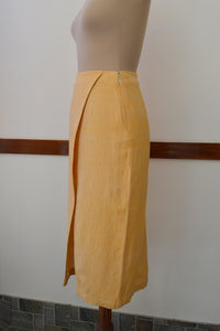 Close up side view of Handwoven Tapered skirt with side zipper, designed by Khumanthem Atelier