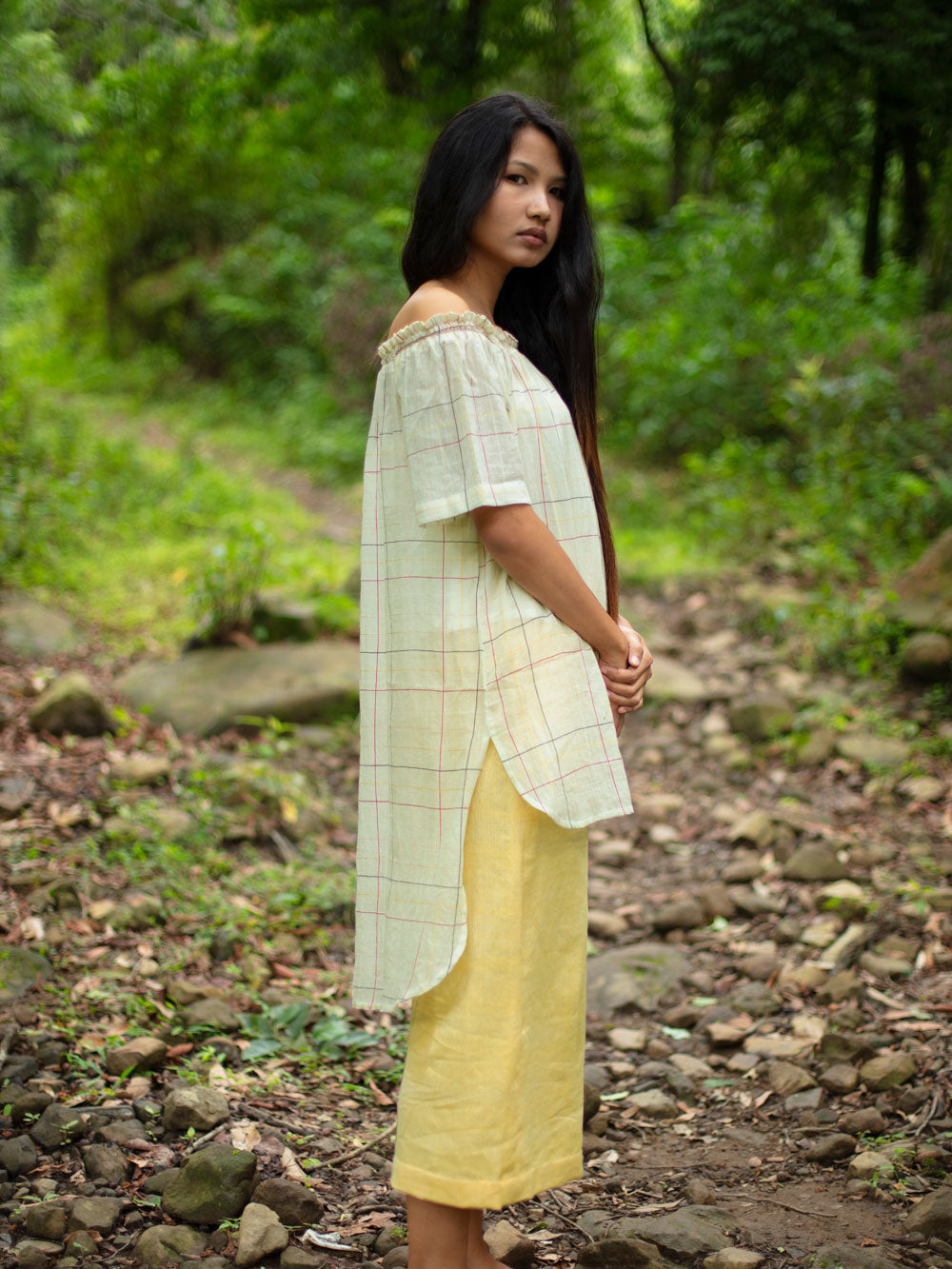 Handwoven Off-shoulder tunic with high-low hem, designed by Khumanthem Atelier