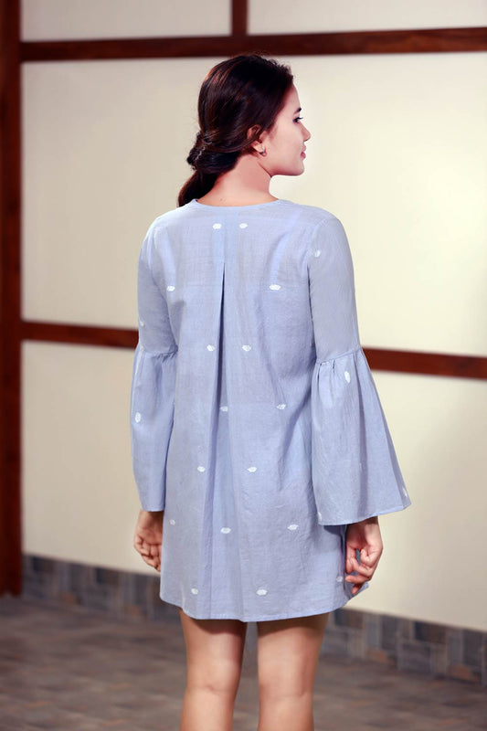 Back view of ndmade cotton tunic with patch work bell sleeves full length, designed by Khumanthem Atelier 