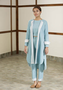 Handwoven cotton blue Twill weave reversible coat, designed by Khumanthem Atelier