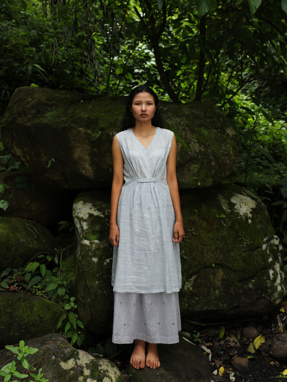 Handwoven Sleeveless Cotton Tunic with gathered front Dress, designed by Khumanthem Atelier