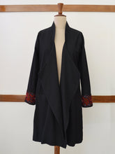 Load image into Gallery viewer, Full front view of the Hand embroidered long coat &quot;mapan naiba motif&quot;, designed by Khumanthem Atelier