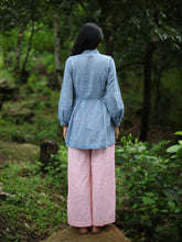 Load image into Gallery viewer, Model wearing Handwoven Cheongsam pleated cotton top, designed by Khumanthem Atelier, back view