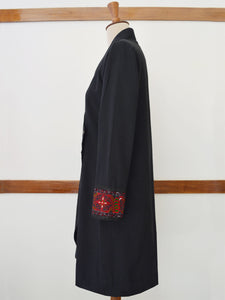 Full side view of the Hand embroidered long coat "mapan naiba motif", designed by Khumanthem Atelier