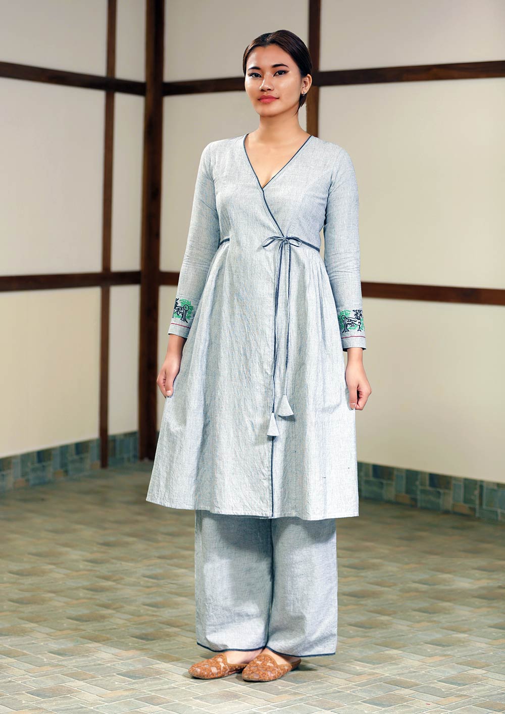 Handwoven cotton Tie-up tunic dress, full sleeves designed by Khumanthem Atelier