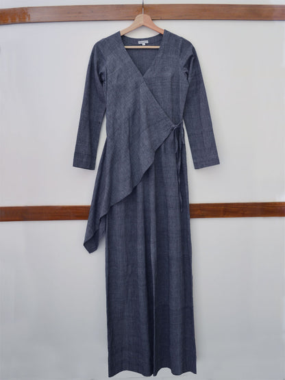 Full front view of the hanger shoot of close up view of the upper part of the V-neck jumpsuit with tie-up waist, designed by Khumanthem Atelier