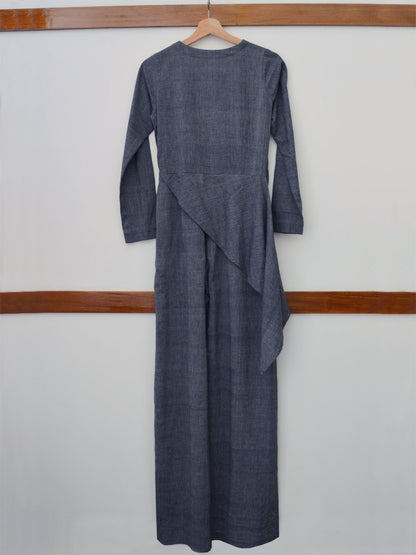Full back view of the hanger shoot of close up view of the upper part of the V-neck jumpsuit with tie-up waist, designed by Khumanthem Atelier