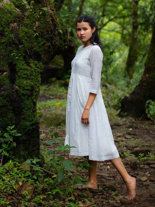Handwoven Gathered hem quarter sleeves cotton dress, designed by Khumanthem Atelier