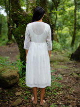 Load image into Gallery viewer, model wearing Handwoven Gathered hem quarter sleeves cotton dress, designed by Khumanthem Atelier, Back view