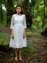 Load image into Gallery viewer, model wearing Handwoven Gathered hem quarter sleeves cotton dress, designed by Khumanthem Atelier, front view