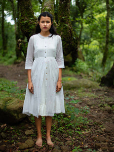 model wearing Handwoven Gathered hem quarter sleeves cotton dress, designed by Khumanthem Atelier, front view