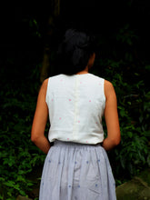 Load image into Gallery viewer, Back view of model wearing Handwoven Back hooks sleeveless top, designed by Khumanthem Atelie