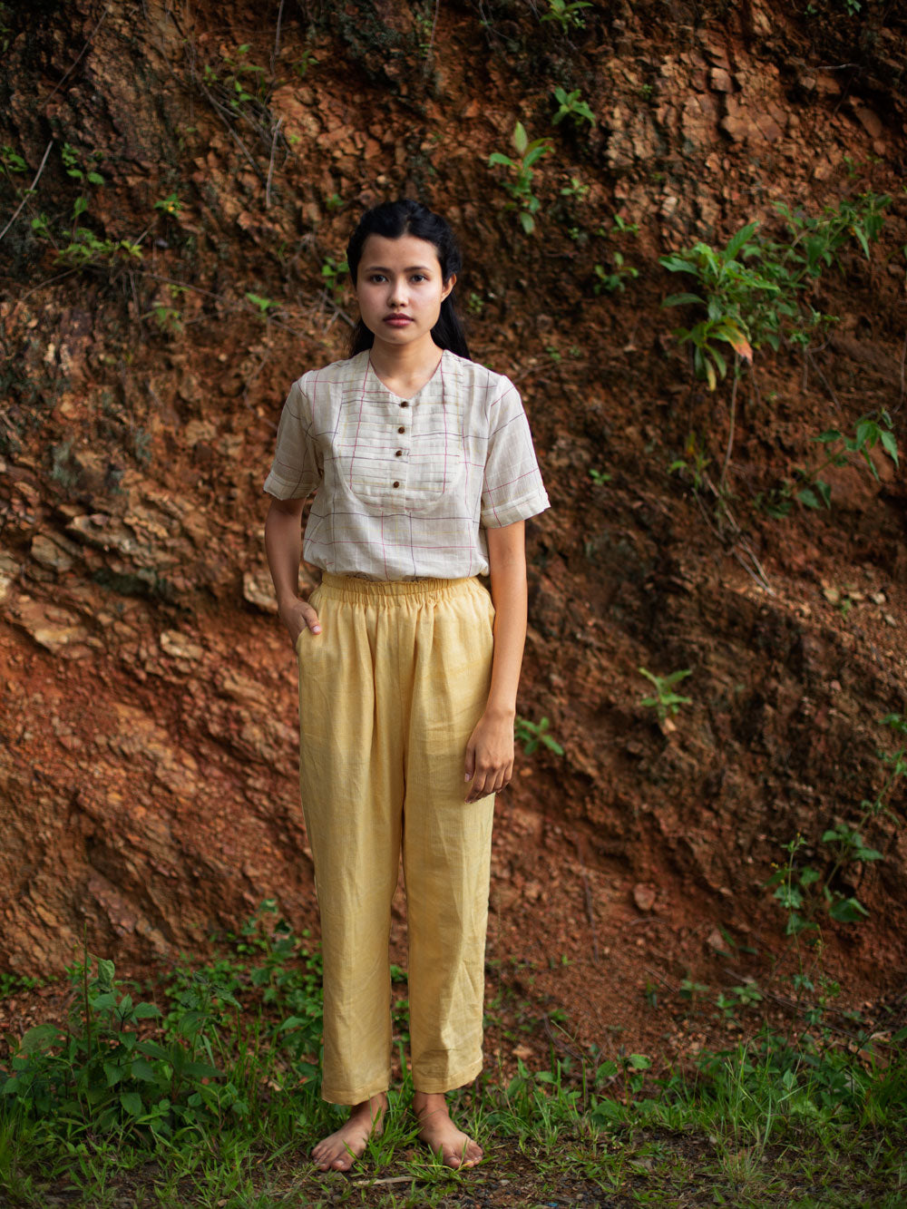 Handwoven cotton top with pleated bib, designed by Khumanthem Atelier
