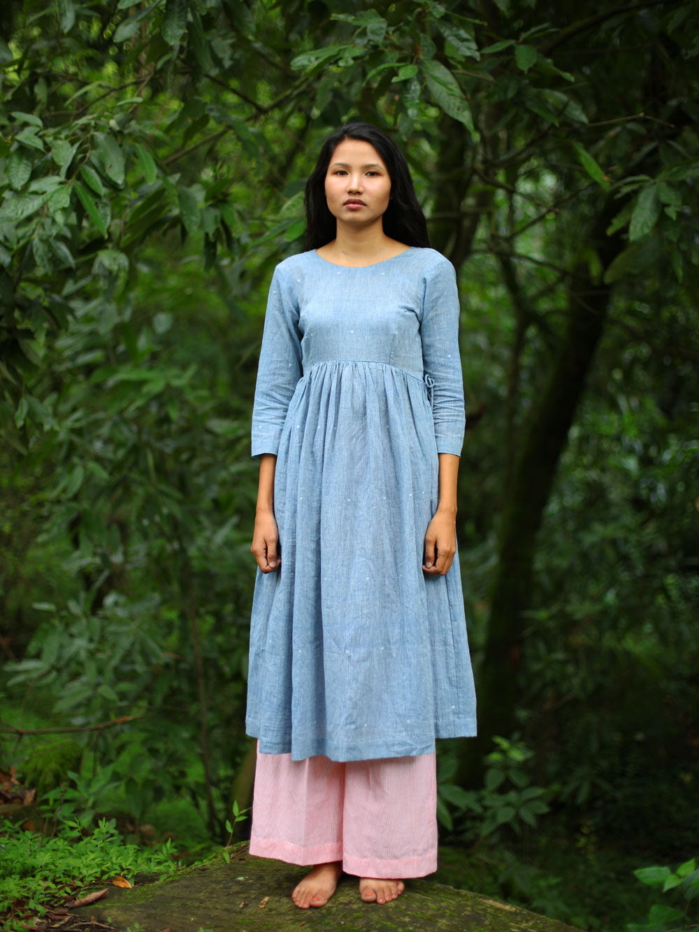 Handwoven Gathered waist cotton dress, designed by Khumanthem Atelier