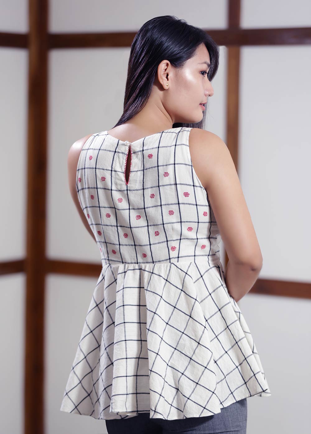 Handwoven cotton Checkered top with traditional Meitei Motiff embroidery 