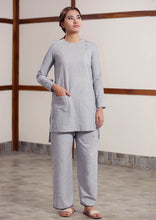 Load image into Gallery viewer, Full view of model posing with Handwoven cotton High low hem straight top, full sleeves designed by Khumanthem Atelier