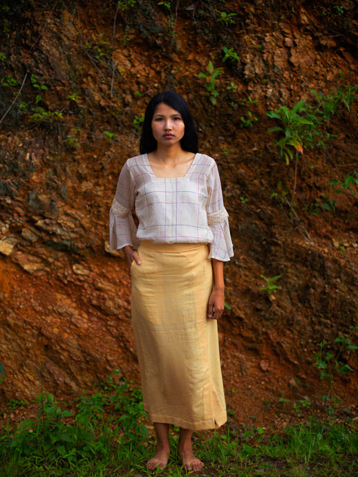 Handwoven Flounce sleeves cotton top, designed by Khumanthem Atelier