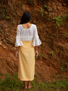 Back view of Handwoven Slit front cotton skirt, designed by Khumanthem Atelier