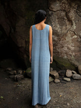 Load image into Gallery viewer, Back view of model wearing Handwoven straight cotton maxi dress with dotted designed by Khumanthem Atelier