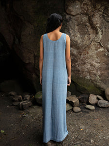 Back view of model wearing Handwoven straight cotton maxi dress with dotted designed by Khumanthem Atelier