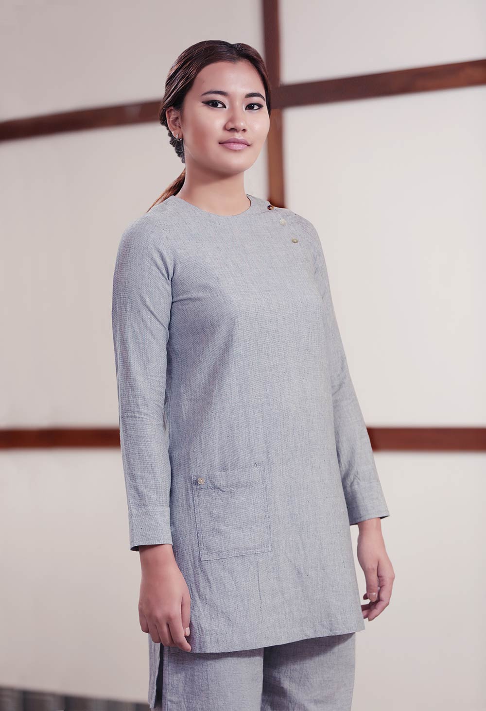 Handwoven cotton High low hem straight top, full sleeves designed by Khumanthem Atelier