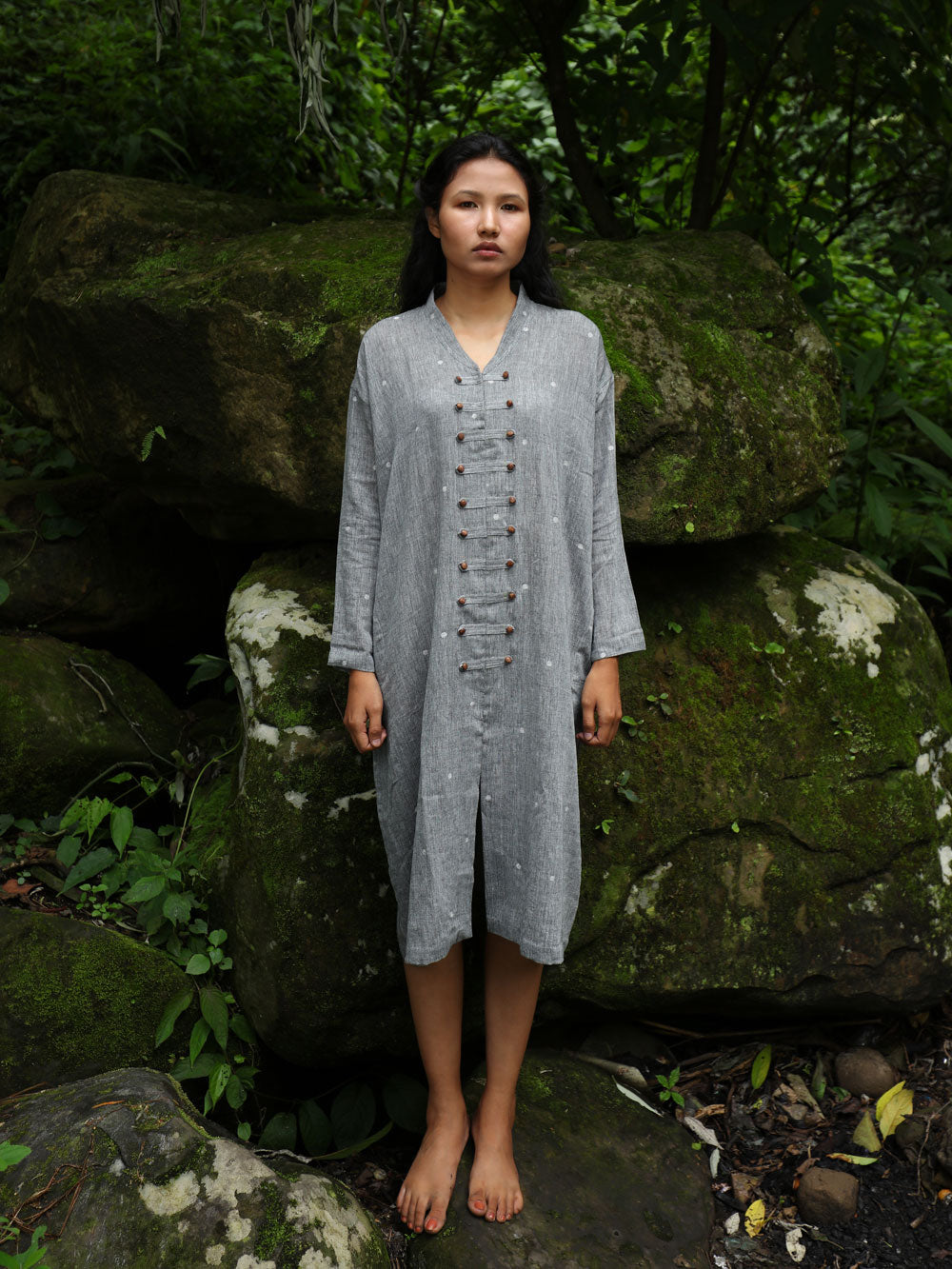 Handwoven Cotton Tunic Dress- Cheongsam inspired, designed by Khumanthem Atelier