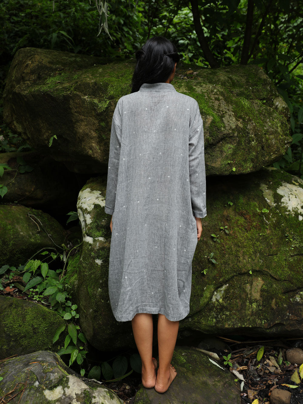 model wearing Handwoven Cotton Tunic Dress- Cheongsam inspired, designed by Khumanthem Atelier, back view