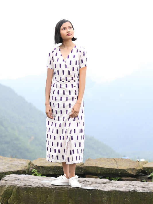 Handwoven Cross-over Ikat midi dress, designed by Khumanthem Atelier