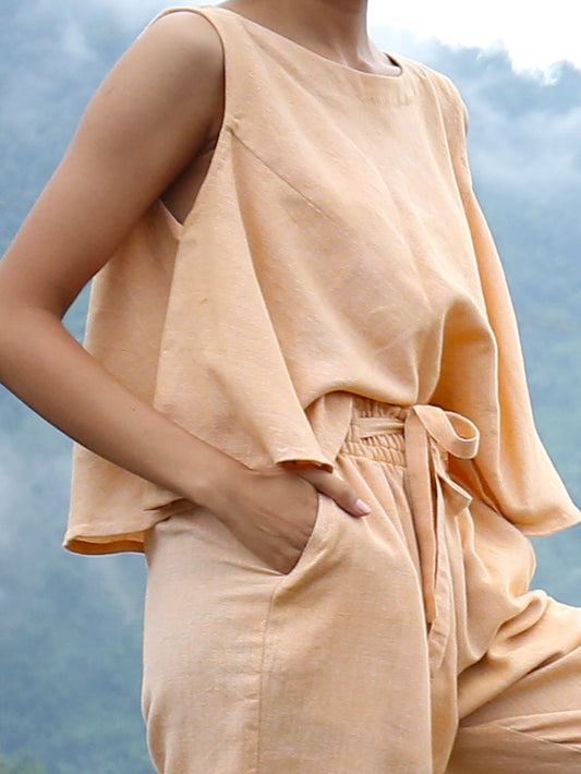close up view of model wearing Sleeveless top with matching pants designed by Khumanthem Atelier