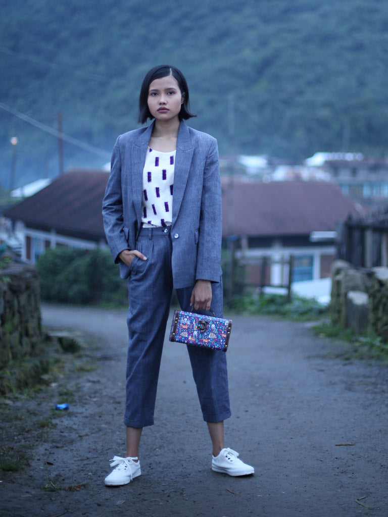 Handwoven Single button coat with cropped trousers, designed by Khumanthem Atelier