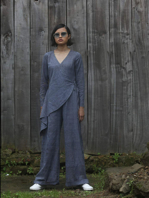 Handwoven V-neck jumpsuit with tie-up waist, designed by Khumanthem Atelier